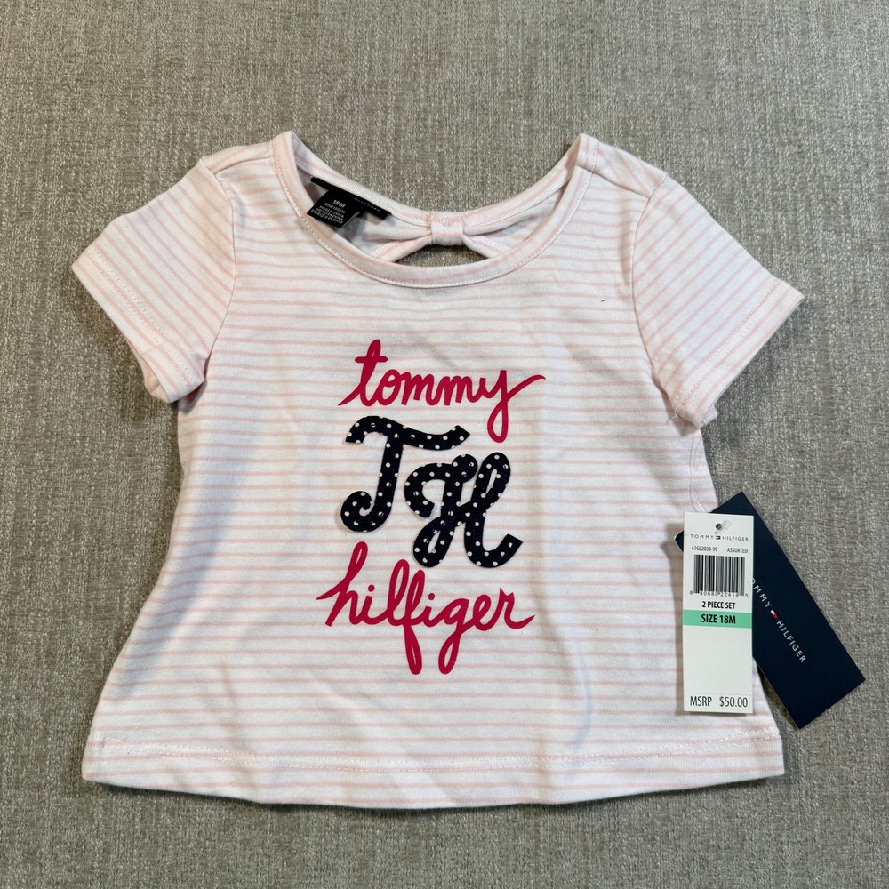 Tommy Hilfiger Baby Girls Pink White Striped Logo Bow Back Top 18M 61G82030-99